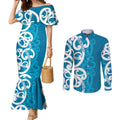 Azure Blue Maori Couples Matching Mermaid Dress and Long Sleeve Button Shirt Koru Kowhaiwhai - Aussie Hoodie