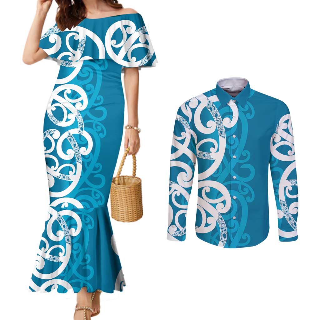 Azure Blue Maori Couples Matching Mermaid Dress and Long Sleeve Button Shirt Koru Kowhaiwhai - Aussie Hoodie