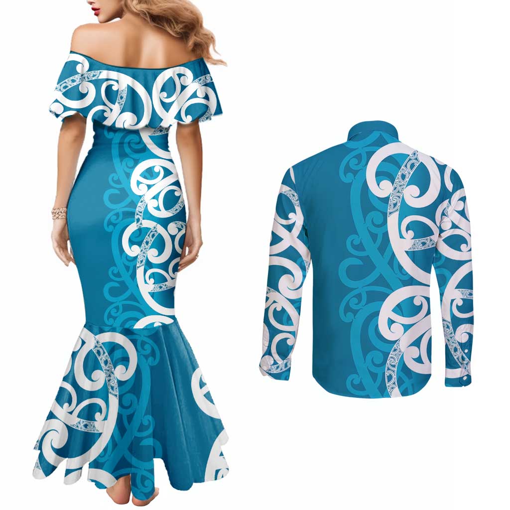 Azure Blue Maori Couples Matching Mermaid Dress and Long Sleeve Button Shirt Koru Kowhaiwhai - Aussie Hoodie