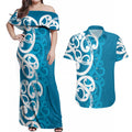Azure Blue Maori Couples Matching Off Shoulder Maxi Dress and Hawaiian Shirt Koru Kowhaiwhai - Aussie Hoodie