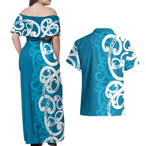 Azure Blue Maori Couples Matching Off Shoulder Maxi Dress and Hawaiian Shirt Koru Kowhaiwhai - Aussie Hoodie