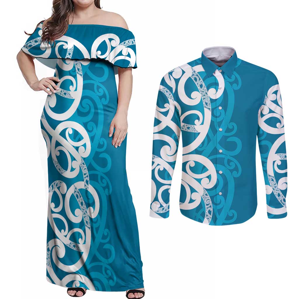 Azure Blue Maori Couples Matching Off Shoulder Maxi Dress and Long Sleeve Button Shirt Koru Kowhaiwhai - Aussie Hoodie