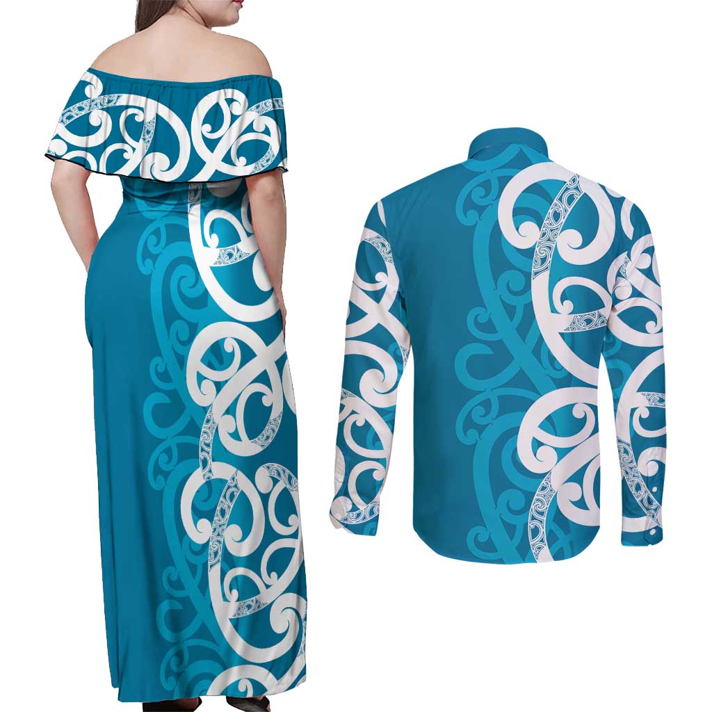 Azure Blue Maori Couples Matching Off Shoulder Maxi Dress and Long Sleeve Button Shirt Koru Kowhaiwhai - Aussie Hoodie