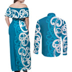 Azure Blue Maori Couples Matching Off Shoulder Maxi Dress and Long Sleeve Button Shirt Koru Kowhaiwhai - Aussie Hoodie