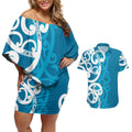 Azure Blue Maori Couples Matching Off Shoulder Short Dress and Hawaiian Shirt Koru Kowhaiwhai - Aussie Hoodie