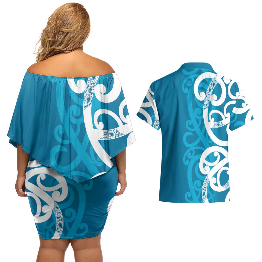Azure Blue Maori Couples Matching Off Shoulder Short Dress and Hawaiian Shirt Koru Kowhaiwhai - Aussie Hoodie