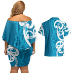 Azure Blue Maori Couples Matching Off Shoulder Short Dress and Hawaiian Shirt Koru Kowhaiwhai - Aussie Hoodie