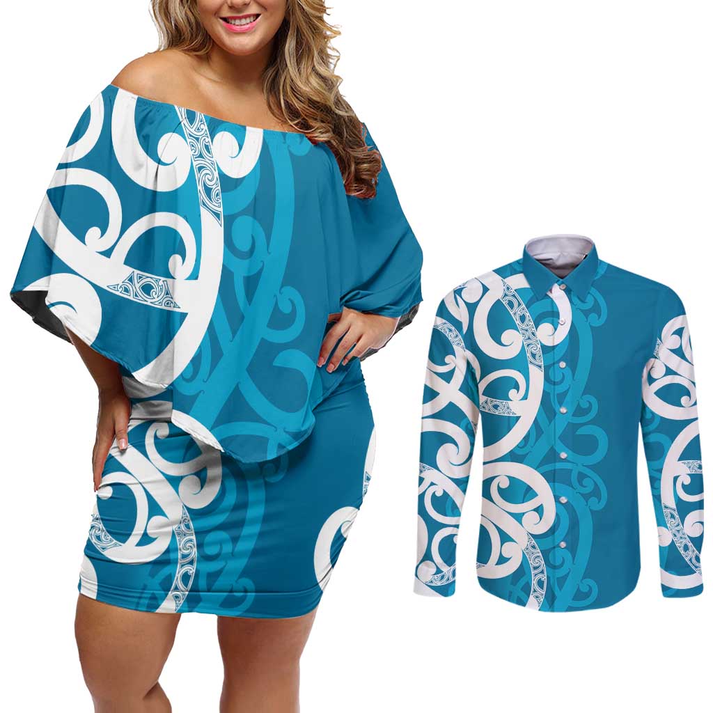 Azure Blue Maori Couples Matching Off Shoulder Short Dress and Long Sleeve Button Shirt Koru Kowhaiwhai - Aussie Hoodie