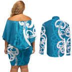 Azure Blue Maori Couples Matching Off Shoulder Short Dress and Long Sleeve Button Shirt Koru Kowhaiwhai - Aussie Hoodie