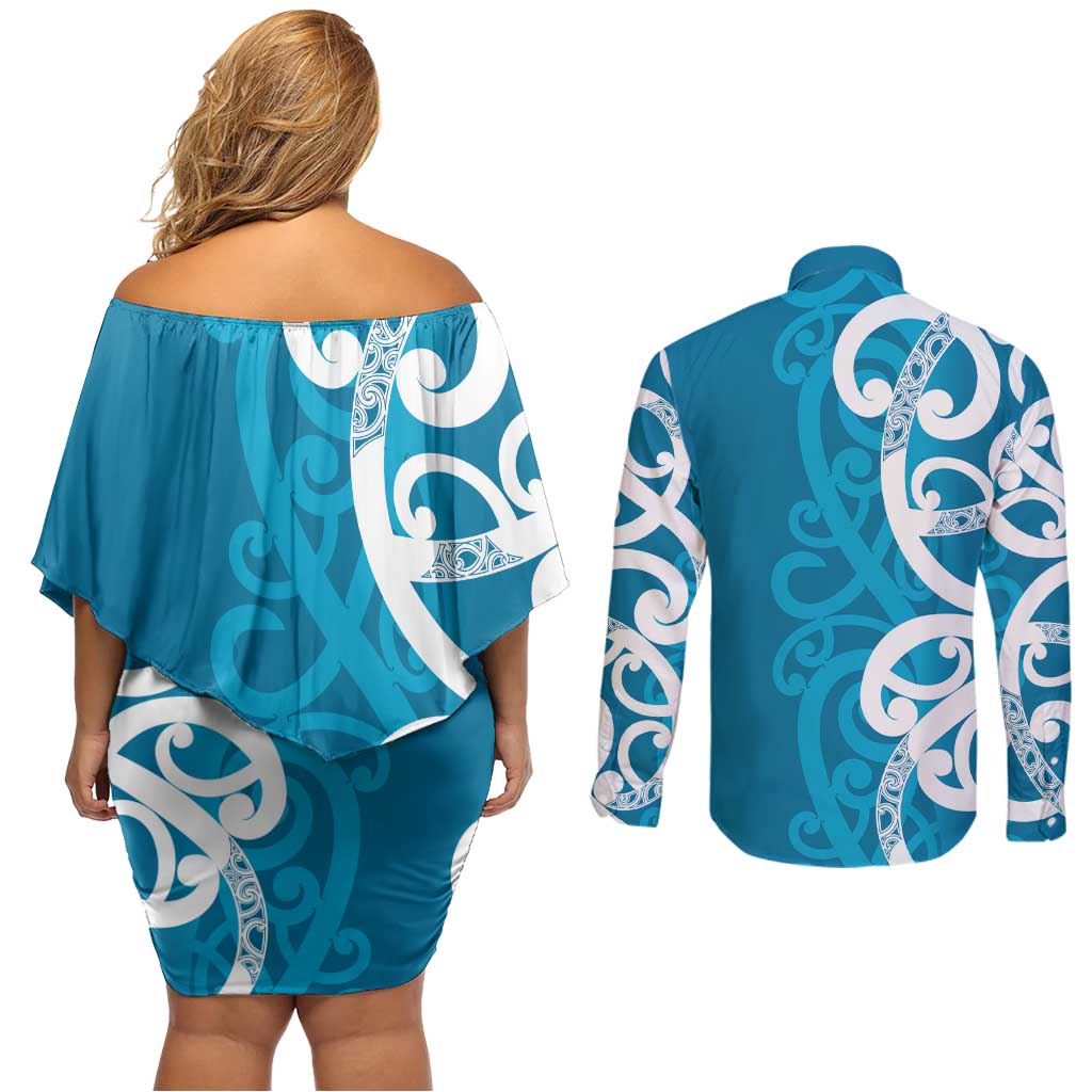Azure Blue Maori Couples Matching Off Shoulder Short Dress and Long Sleeve Button Shirt Koru Kowhaiwhai - Aussie Hoodie