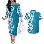 Azure Blue Maori Couples Matching Off The Shoulder Long Sleeve Dress and Hawaiian Shirt Koru Kowhaiwhai - Aussie Hoodie