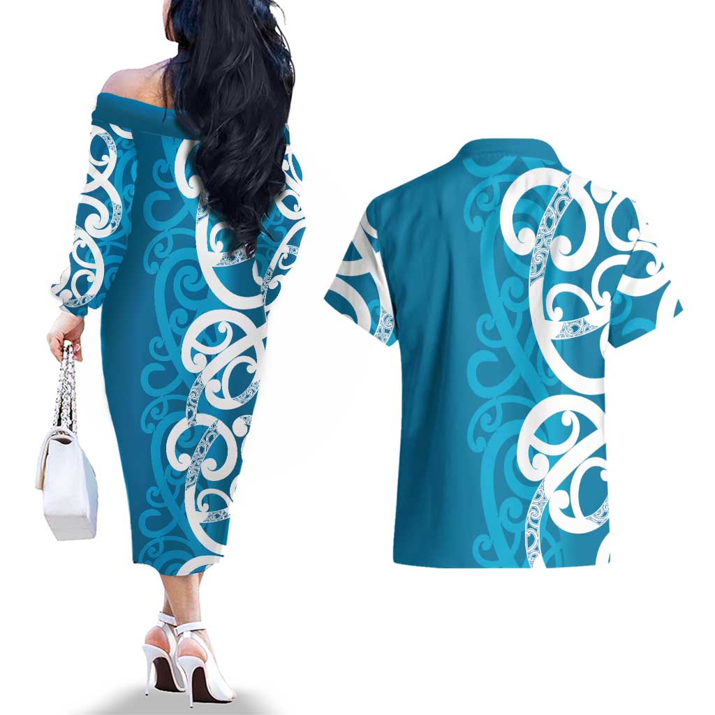 Azure Blue Maori Couples Matching Off The Shoulder Long Sleeve Dress and Hawaiian Shirt Koru Kowhaiwhai - Aussie Hoodie