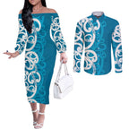 Azure Blue Maori Couples Matching Off The Shoulder Long Sleeve Dress and Long Sleeve Button Shirt Koru Kowhaiwhai - Aussie Hoodie