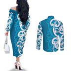 Azure Blue Maori Couples Matching Off The Shoulder Long Sleeve Dress and Long Sleeve Button Shirt Koru Kowhaiwhai - Aussie Hoodie