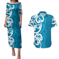 Azure Blue Maori Couples Matching Puletasi and Hawaiian Shirt Koru Kowhaiwhai - Aussie Hoodie
