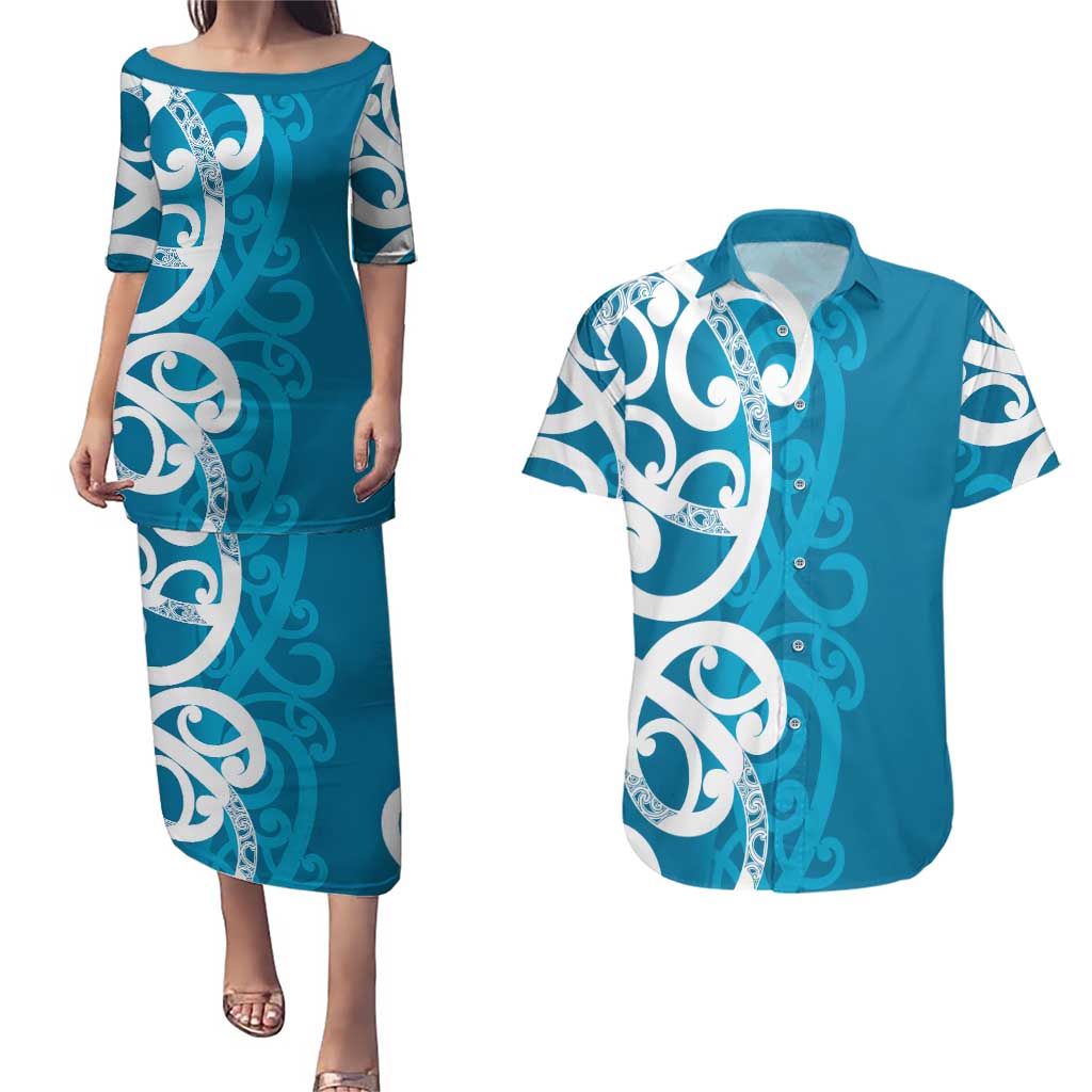 Azure Blue Maori Couples Matching Puletasi and Hawaiian Shirt Koru Kowhaiwhai - Aussie Hoodie
