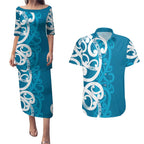 Azure Blue Maori Couples Matching Puletasi and Hawaiian Shirt Koru Kowhaiwhai - Aussie Hoodie