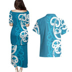 Azure Blue Maori Couples Matching Puletasi and Hawaiian Shirt Koru Kowhaiwhai - Aussie Hoodie