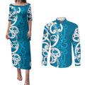 Azure Blue Maori Couples Matching Puletasi and Long Sleeve Button Shirt Koru Kowhaiwhai - Aussie Hoodie