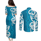 Azure Blue Maori Couples Matching Puletasi and Long Sleeve Button Shirt Koru Kowhaiwhai - Aussie Hoodie