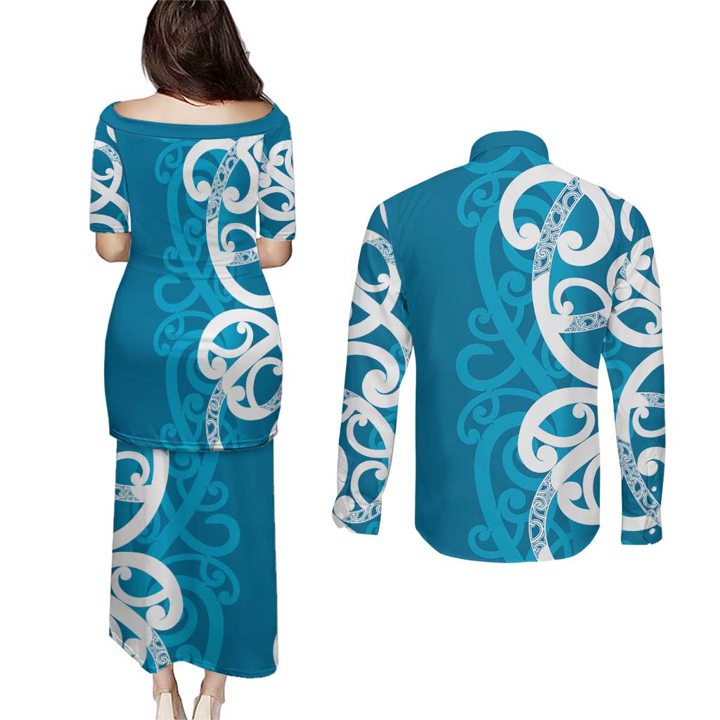 Azure Blue Maori Couples Matching Puletasi and Long Sleeve Button Shirt Koru Kowhaiwhai - Aussie Hoodie