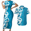 Azure Blue Maori Couples Matching Short Sleeve Bodycon Dress and Hawaiian Shirt Koru Kowhaiwhai - Aussie Hoodie