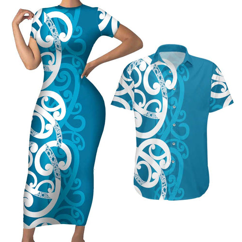 Azure Blue Maori Couples Matching Short Sleeve Bodycon Dress and Hawaiian Shirt Koru Kowhaiwhai - Aussie Hoodie