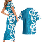 Azure Blue Maori Couples Matching Short Sleeve Bodycon Dress and Hawaiian Shirt Koru Kowhaiwhai - Aussie Hoodie