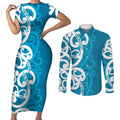 Azure Blue Maori Couples Matching Short Sleeve Bodycon Dress and Long Sleeve Button Shirt Koru Kowhaiwhai - Aussie Hoodie