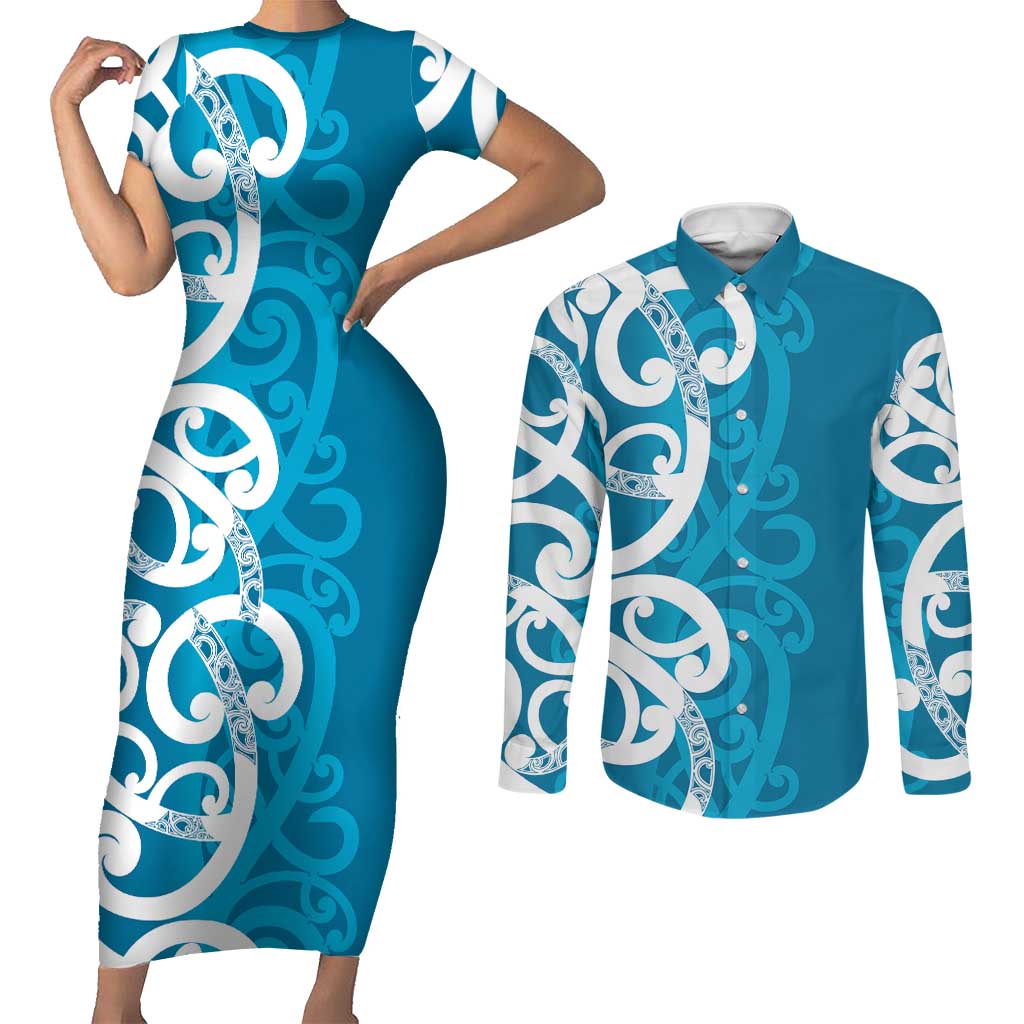 Azure Blue Maori Couples Matching Short Sleeve Bodycon Dress and Long Sleeve Button Shirt Koru Kowhaiwhai - Aussie Hoodie