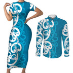 Azure Blue Maori Couples Matching Short Sleeve Bodycon Dress and Long Sleeve Button Shirt Koru Kowhaiwhai - Aussie Hoodie