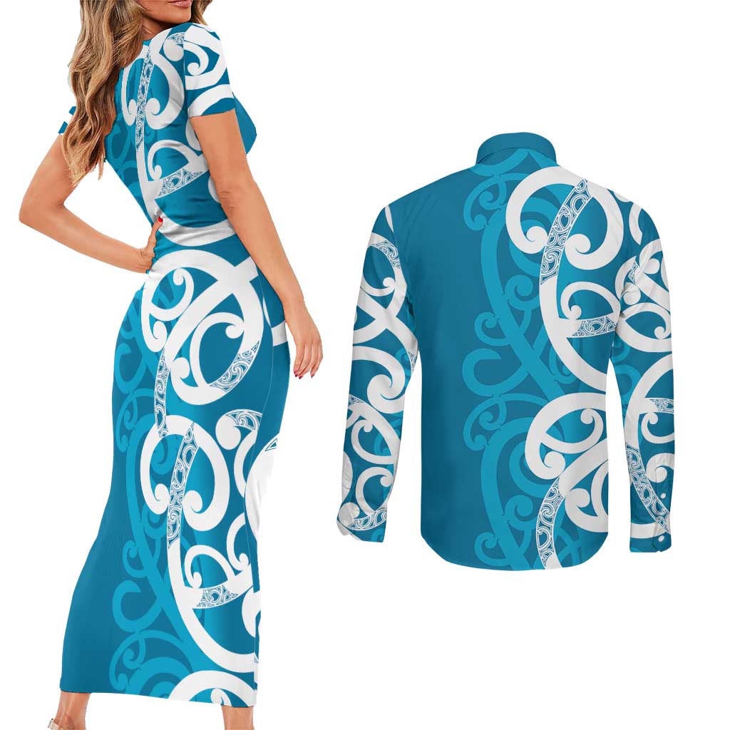 Azure Blue Maori Couples Matching Short Sleeve Bodycon Dress and Long Sleeve Button Shirt Koru Kowhaiwhai - Aussie Hoodie