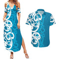 Azure Blue Maori Couples Matching Summer Maxi Dress and Hawaiian Shirt Koru Kowhaiwhai - Aussie Hoodie