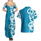 Azure Blue Maori Couples Matching Summer Maxi Dress and Hawaiian Shirt Koru Kowhaiwhai - Aussie Hoodie
