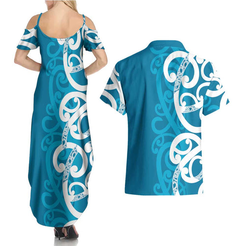 Azure Blue Maori Couples Matching Summer Maxi Dress and Hawaiian Shirt Koru Kowhaiwhai - Aussie Hoodie