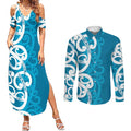 Azure Blue Maori Couples Matching Summer Maxi Dress and Long Sleeve Button Shirt Koru Kowhaiwhai - Aussie Hoodie