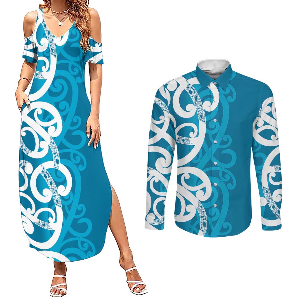 Azure Blue Maori Couples Matching Summer Maxi Dress and Long Sleeve Button Shirt Koru Kowhaiwhai - Aussie Hoodie