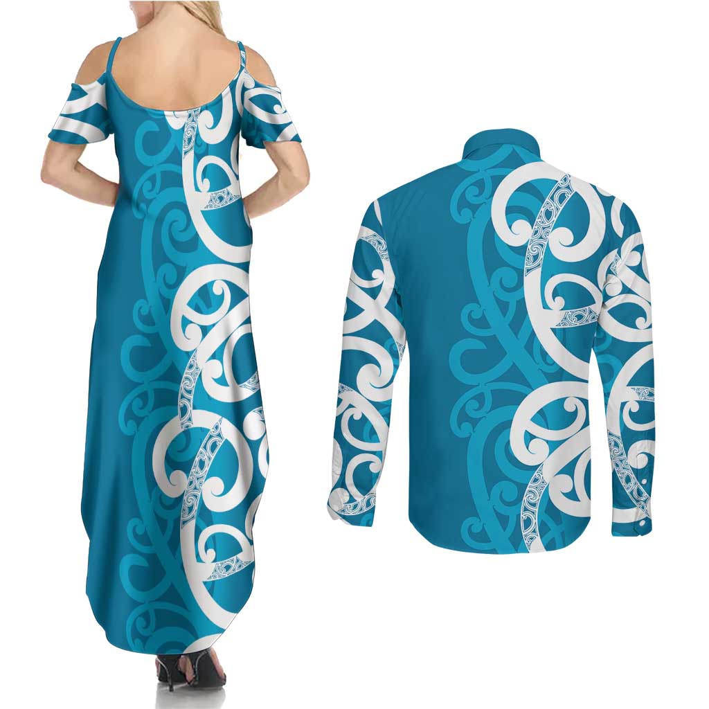 Azure Blue Maori Couples Matching Summer Maxi Dress and Long Sleeve Button Shirt Koru Kowhaiwhai - Aussie Hoodie
