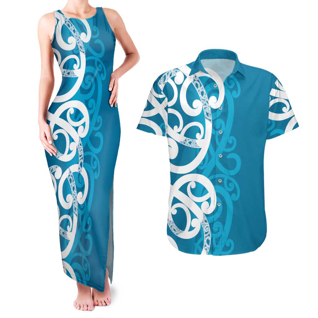 Azure Blue Maori Couples Matching Tank Maxi Dress and Hawaiian Shirt Koru Kowhaiwhai - Aussie Hoodie