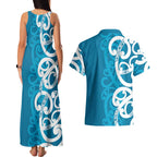 Azure Blue Maori Couples Matching Tank Maxi Dress and Hawaiian Shirt Koru Kowhaiwhai - Aussie Hoodie