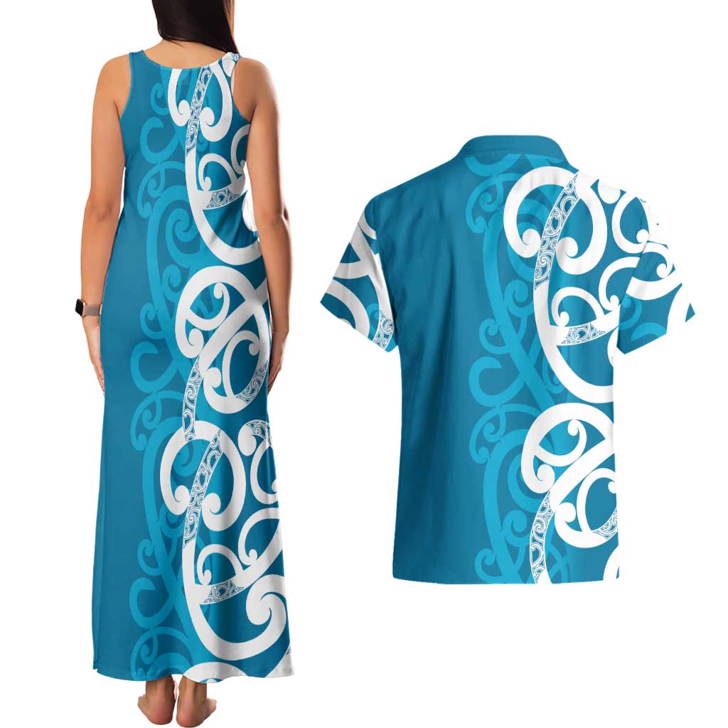 Azure Blue Maori Couples Matching Tank Maxi Dress and Hawaiian Shirt Koru Kowhaiwhai - Aussie Hoodie
