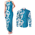 Azure Blue Maori Couples Matching Tank Maxi Dress and Long Sleeve Button Shirt Koru Kowhaiwhai - Aussie Hoodie