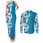 Azure Blue Maori Couples Matching Tank Maxi Dress and Long Sleeve Button Shirt Koru Kowhaiwhai - Aussie Hoodie