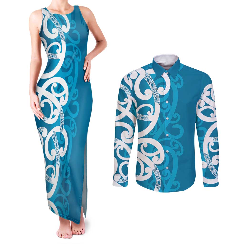 Azure Blue Maori Couples Matching Tank Maxi Dress and Long Sleeve Button Shirt Koru Kowhaiwhai - Aussie Hoodie