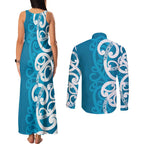 Azure Blue Maori Couples Matching Tank Maxi Dress and Long Sleeve Button Shirt Koru Kowhaiwhai - Aussie Hoodie