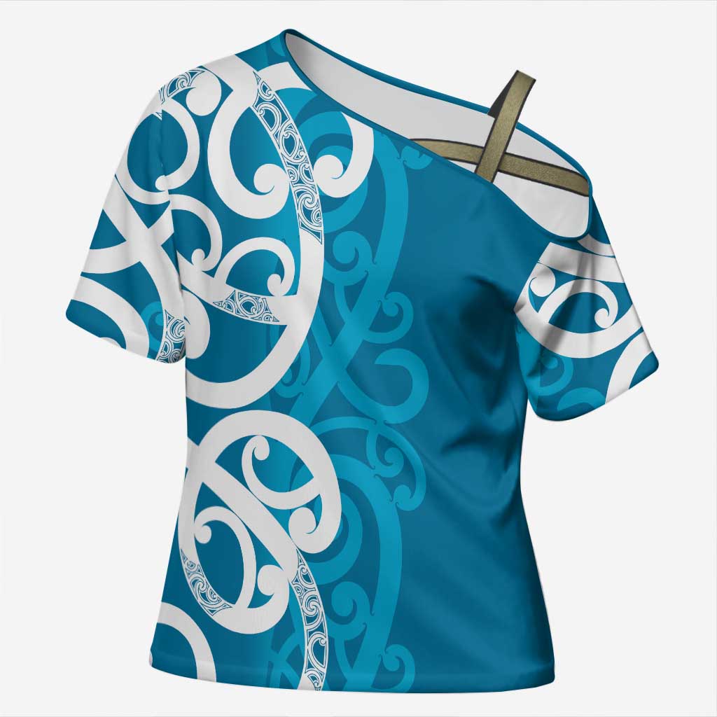 Azure Blue Maori Cross Shoulder Shirt Koru Kowhaiwhai - Aussie Hoodie
