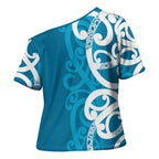 Azure Blue Maori Cross Shoulder Shirt Koru Kowhaiwhai - Aussie Hoodie