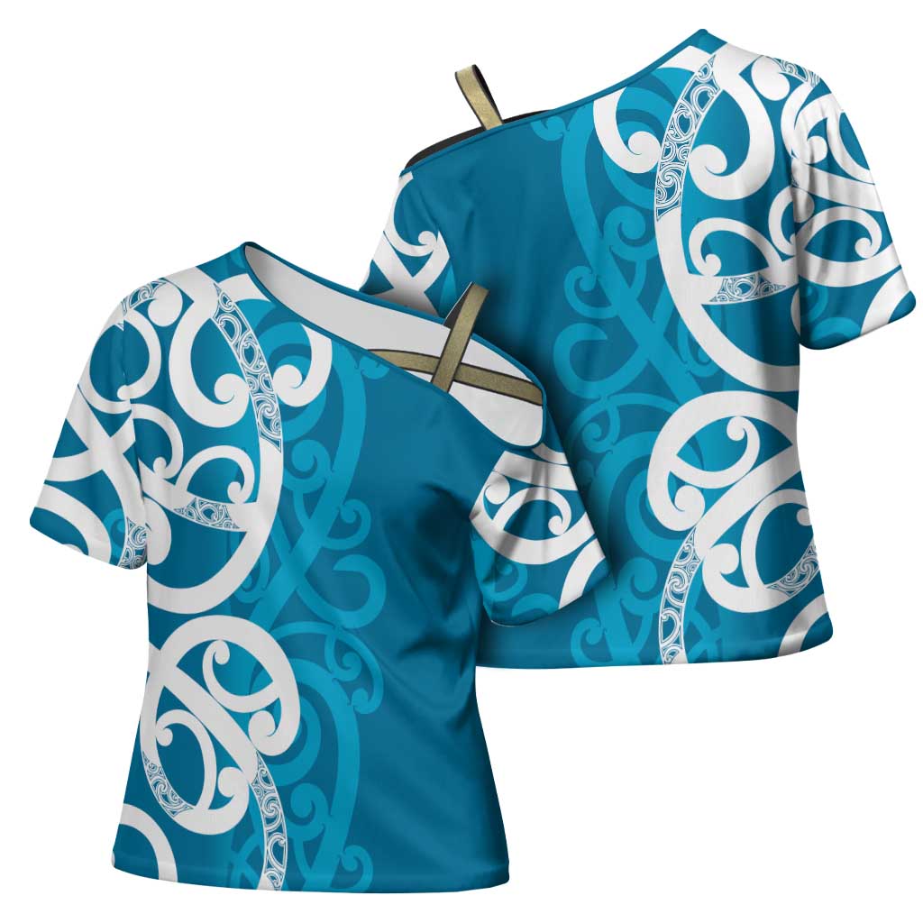 Azure Blue Maori Cross Shoulder Shirt Koru Kowhaiwhai - Aussie Hoodie