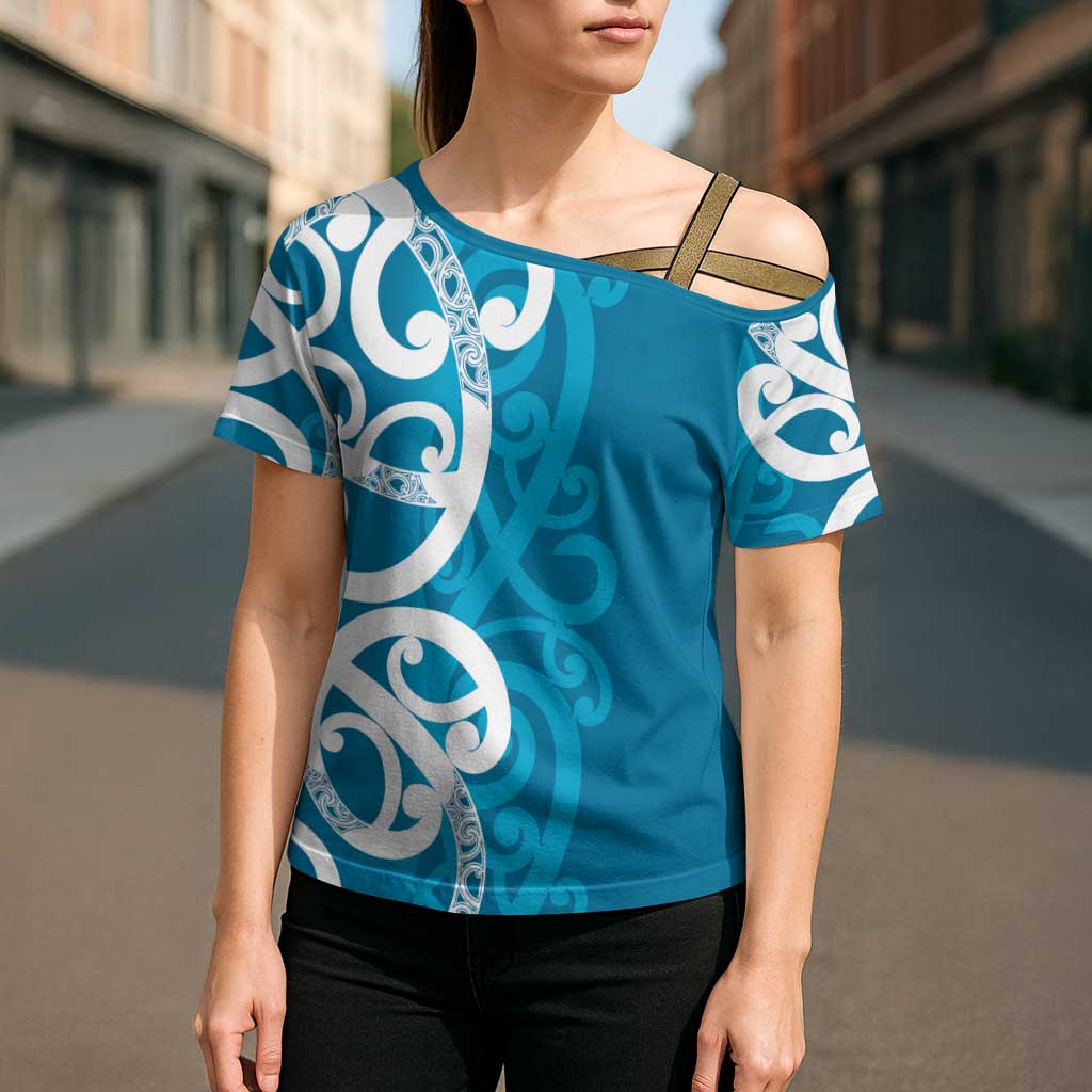 Azure Blue Maori Cross Shoulder Shirt Koru Kowhaiwhai - Aussie Hoodie