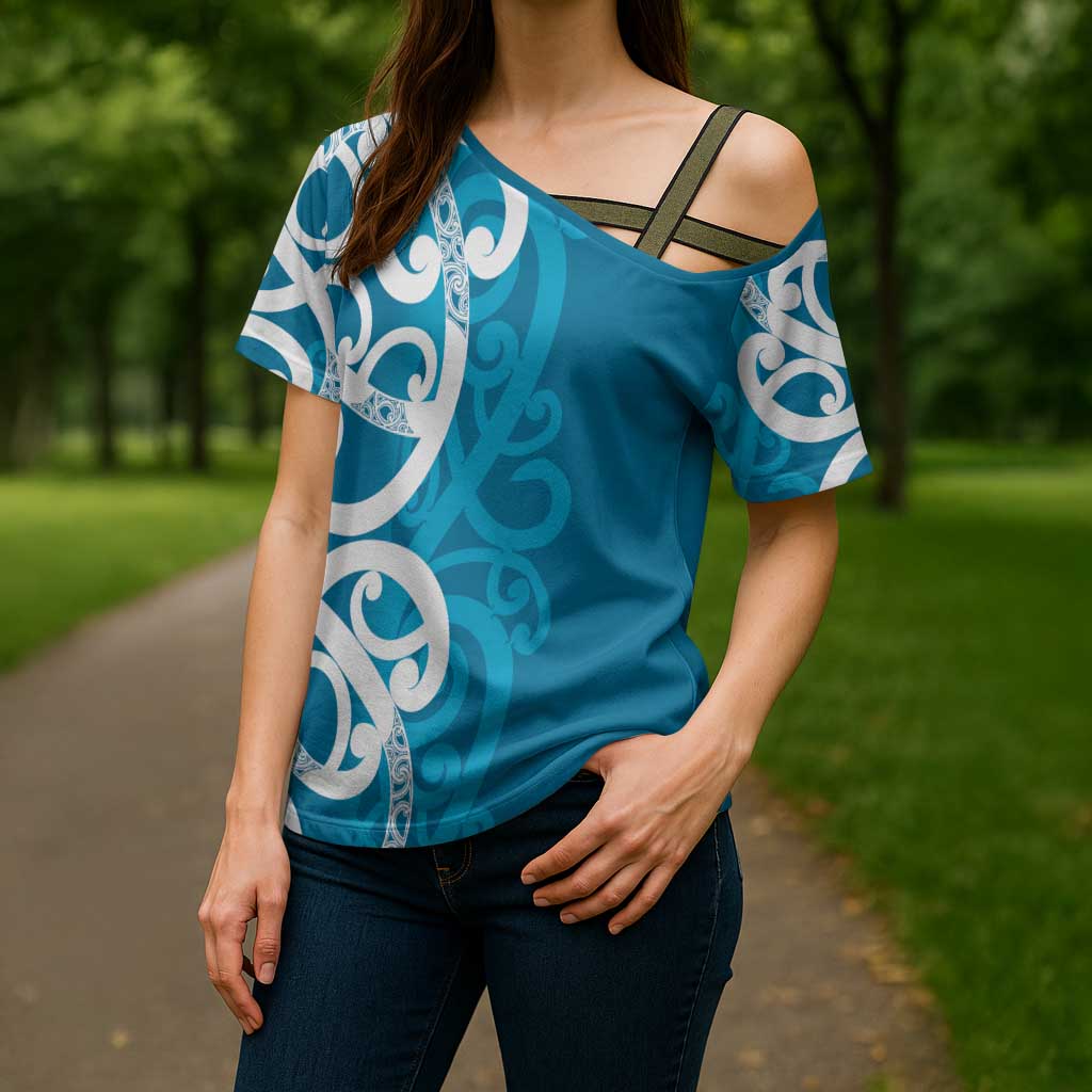 Azure Blue Maori Cross Shoulder Shirt Koru Kowhaiwhai - Aussie Hoodie